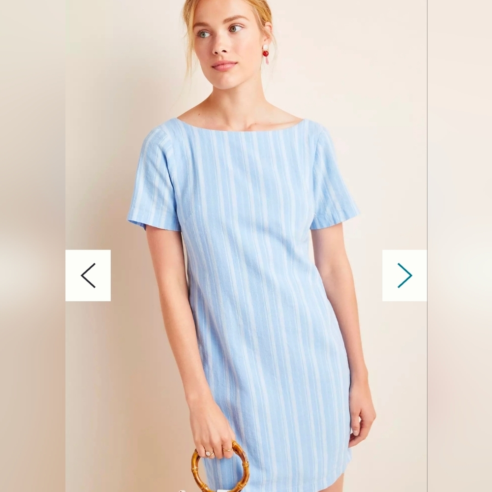 Anthropologie Light Blue Striped Boatneck Mini Dress